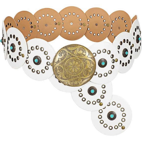 ⚡Women Western Leather Concho Cowgirl Disc Belt Boho Wide Country Waist Belt - Picture 1 of 7